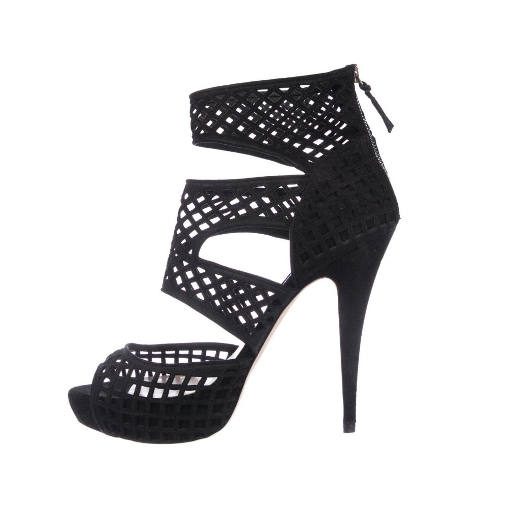 MIU MIU Black Suede Lasercut Cage Platform Sandals Heels Shoes 38.5 $795